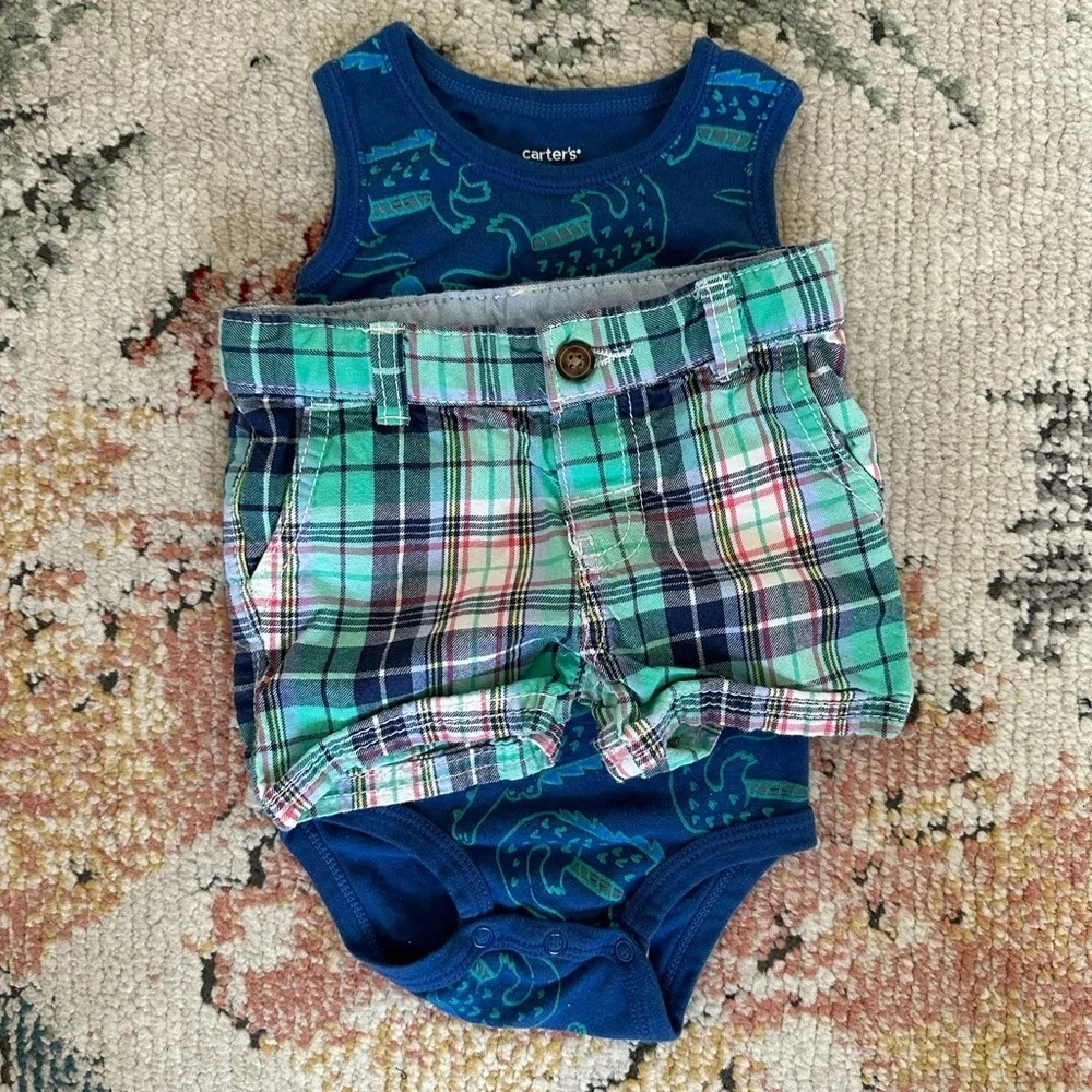 Carter’s 12 Month Retro Baby Boy Summer Outfit Plaid Shorts & vibrant Dino top
